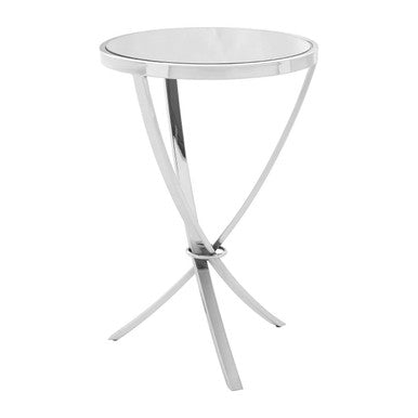 Silver Mirrored Glass Top Round Side Table With Bow-Shaped Metal Legs, Allure