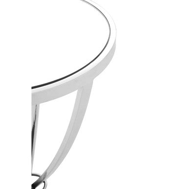 Silver Mirrored Glass Top Round Side Table With Bow-Shaped Metal Legs, Allure