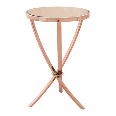 Rose Gold Mirrored Glass Top Round Side Table With Bow-Shaped Metal Legs, Allure