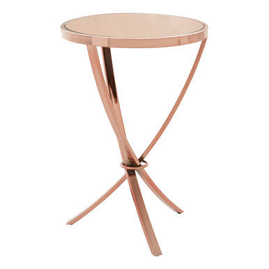 Rose Gold Mirrored Glass Top Round Side Table With Bow-Shaped Metal Legs, Allure