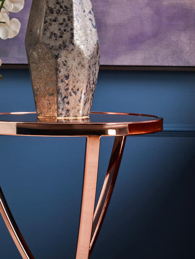 Rose Gold Mirrored Glass Top Round Side Table With Bow-Shaped Metal Legs, Allure