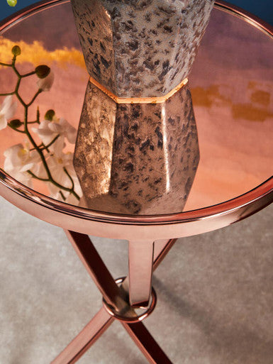 Rose Gold Mirrored Glass Top Round Side Table With Bow-Shaped Metal Legs, Allure