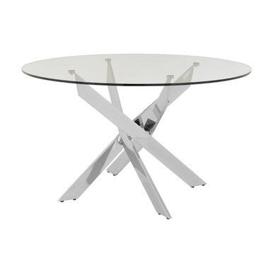Round Clear Tempered Glass Dining Table With Intersecting Chrome Stainless Steel Legs, Allure