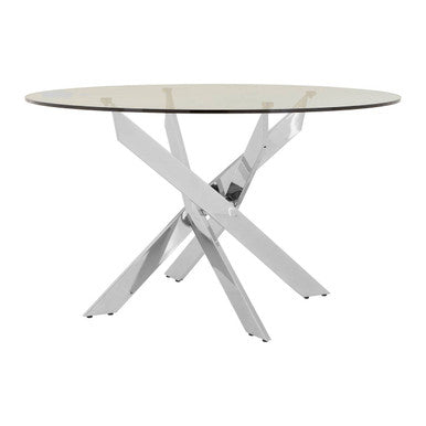 Round Clear Tempered Glass Dining Table With Intersecting Chrome Stainless Steel Legs, Allure