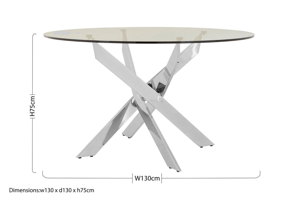 Round Clear Tempered Glass Dining Table With Intersecting Chrome Stainless Steel Legs, Allure