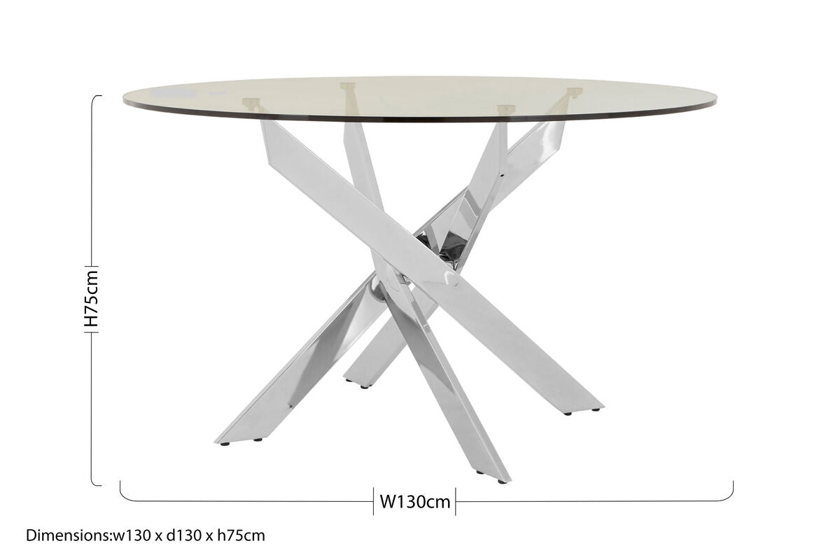 Round Clear Tempered Glass Dining Table With Intersecting Chrome Stainless Steel Legs, Allure