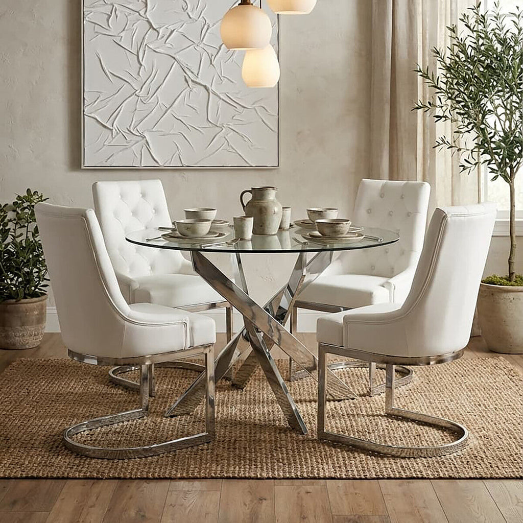 Round Clear Tempered Glass Dining Table With Intersecting Chrome Stainless Steel Legs, Allure