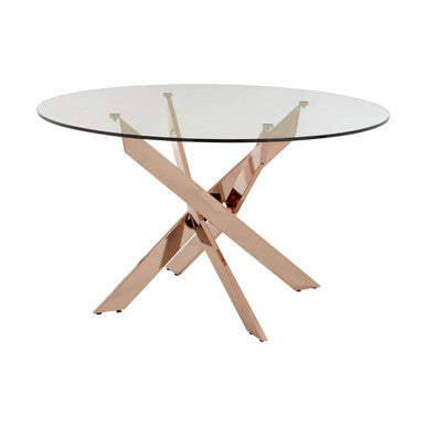Round Tempered Glass Top Dining Table With Rose Gold Latticed Legs, Allure