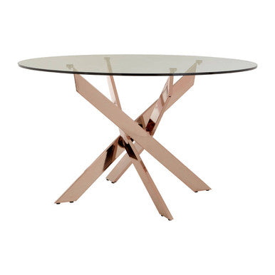 Round Tempered Glass Top Dining Table With Rose Gold Latticed Legs, Allure