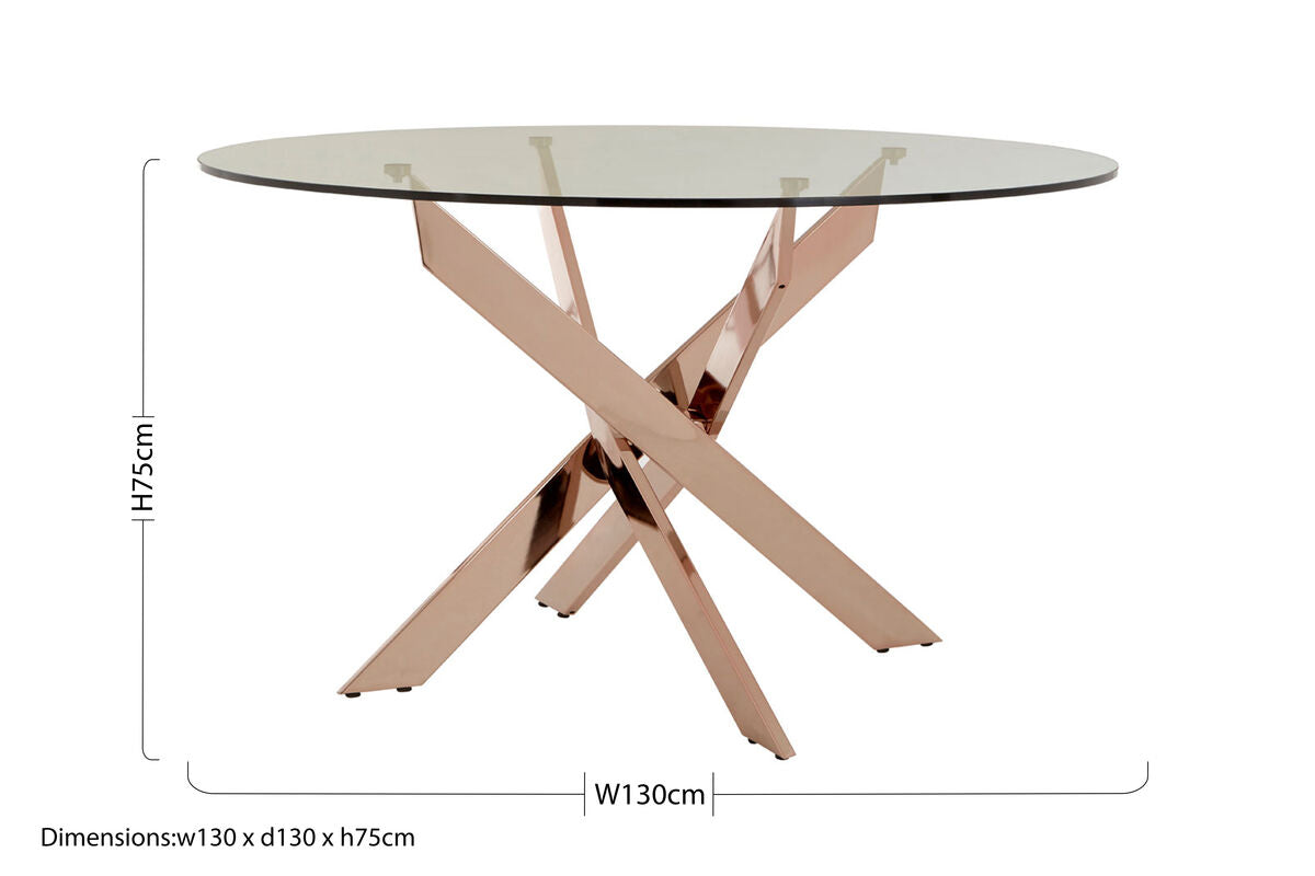 Round Tempered Glass Top Dining Table With Rose Gold Latticed Legs, Allure