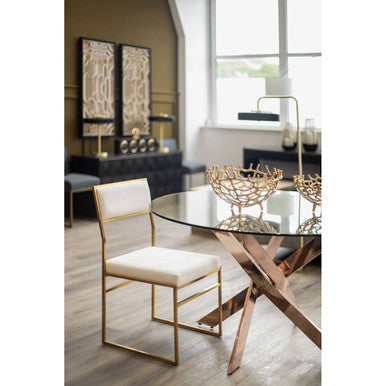 Round Tempered Glass Top Dining Table With Rose Gold Latticed Legs, Allure