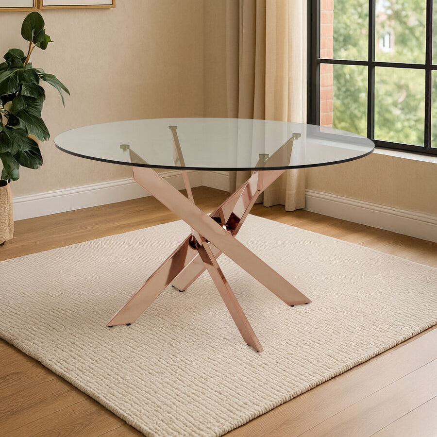 Round Tempered Glass Top Dining Table With Rose Gold Latticed Legs, Allure