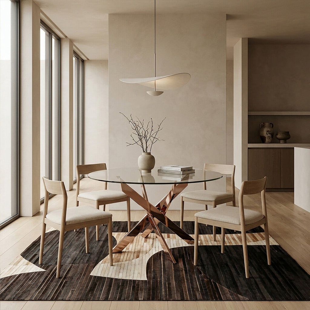 Round Tempered Glass Top Dining Table With Rose Gold Latticed Legs, Allure