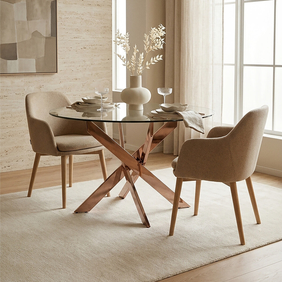 Round Tempered Glass Top Dining Table With Rose Gold Latticed Legs, Allure