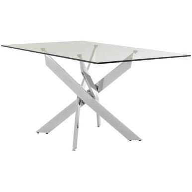 Rectangular Tempered Glass Top Dining Table With Intersecting Silver Chrome Base, Allure