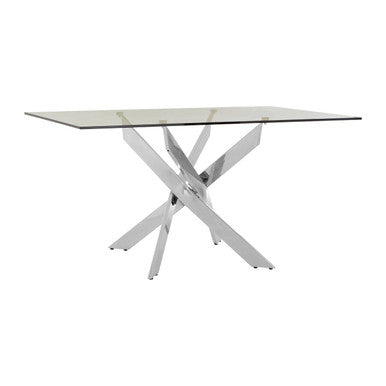 Rectangular Tempered Glass Top Dining Table With Intersecting Silver Chrome Base, Allure