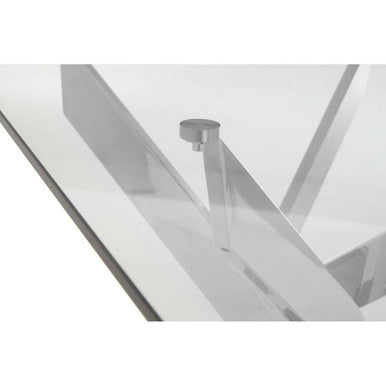 Rectangular Tempered Glass Top Dining Table With Intersecting Silver Chrome Base, Allure