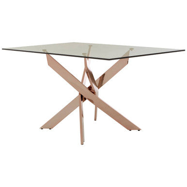 Rectangular Tempered Glass Top Dining Table With Intersecting Rose Gold Stainless Steel Base, Allure