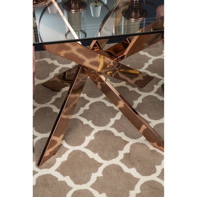 Rectangular Tempered Glass Top Dining Table With Intersecting Rose Gold Stainless Steel Base, Allure
