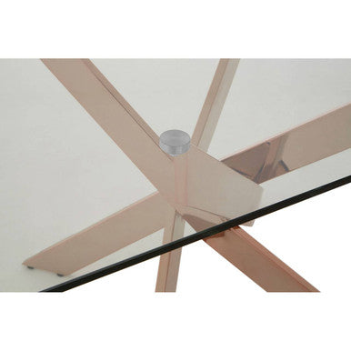 Rectangular Tempered Glass Top Dining Table With Intersecting Rose Gold Stainless Steel Base, Allure