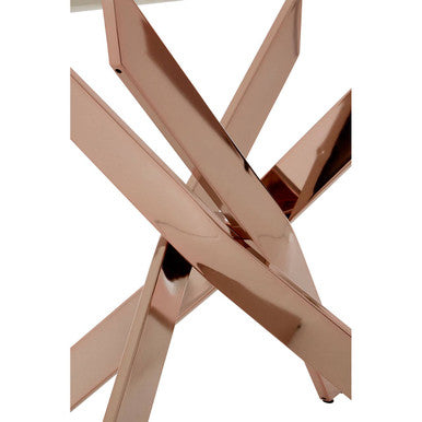 Rectangular Tempered Glass Top Dining Table With Intersecting Rose Gold Stainless Steel Base, Allure