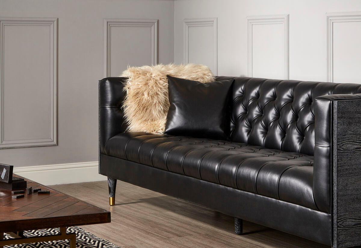 3 Seat Black Leather Sofa, Raven