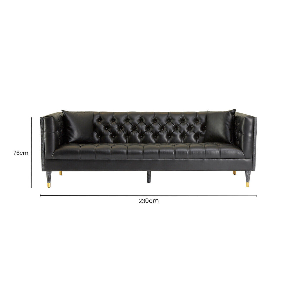 3 Seat Black Leather Sofa, Raven