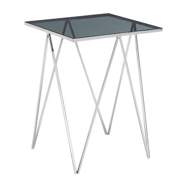Black Square Tempered Glass Top Side Table With Polished Stainless Steel Zig-Zag Legs, Shalimar