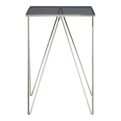 Black Square Tempered Glass Top Side Table With Polished Stainless Steel Zig-Zag Legs, Shalimar