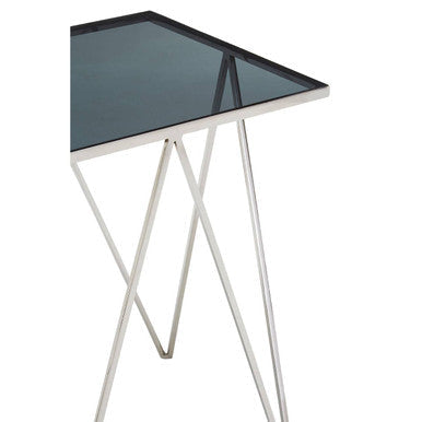 Black Square Tempered Glass Top Side Table With Polished Stainless Steel Zig-Zag Legs, Shalimar