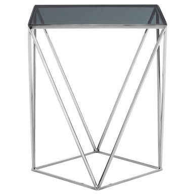 Black Square Tempered Glass Top Prism Side Table With Polished Stainless Steel Base, Shalimar