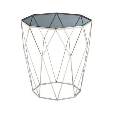 Silver Tempered Glass Top Octagonal Side Table With Stainless Steel Legs, Shalimar
