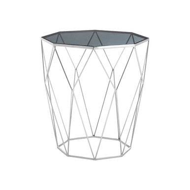 Silver Tempered Glass Top Octagonal Side Table With Stainless Steel Legs, Shalimar