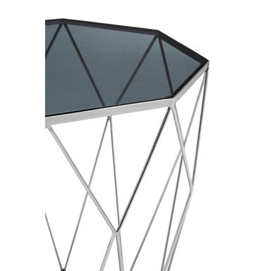 Silver Tempered Glass Top Octagonal Side Table With Stainless Steel Legs, Shalimar