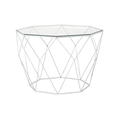 Tempered Glass Top Octagonal Coffee Table With Silver Metal Base, Shalimar