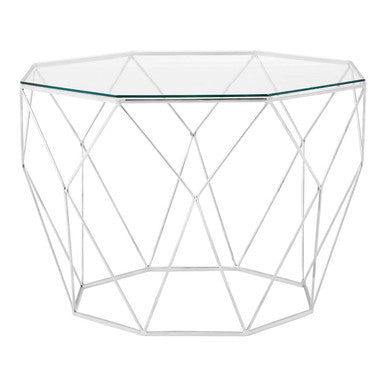 Tempered Glass Top Octagonal Coffee Table With Silver Metal Base, Shalimar