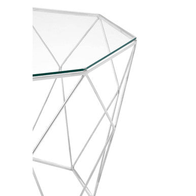 Tempered Glass Top Octagonal Coffee Table With Silver Metal Base, Shalimar