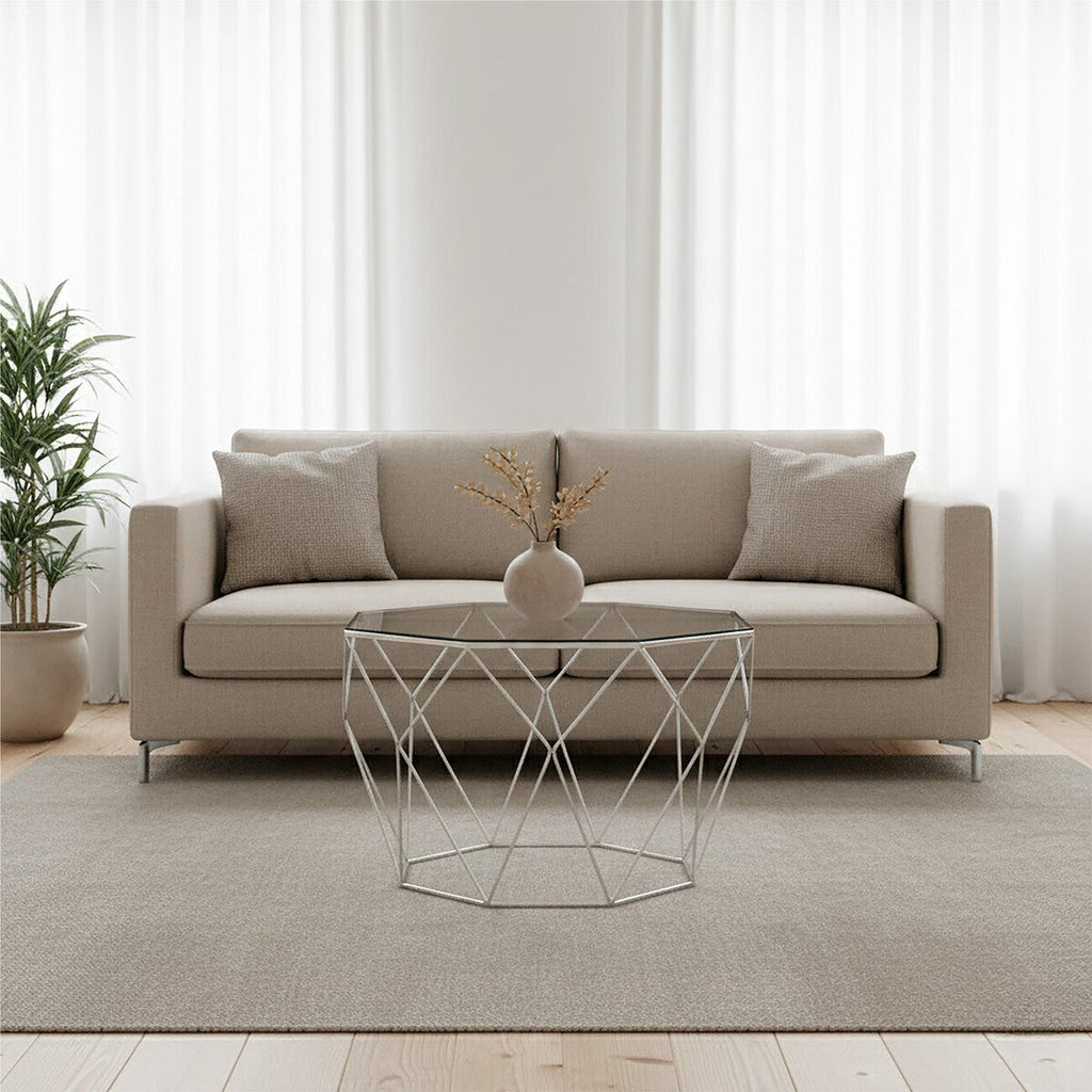 Tempered Glass Top Octagonal Coffee Table With Silver Metal Base, Shalimar