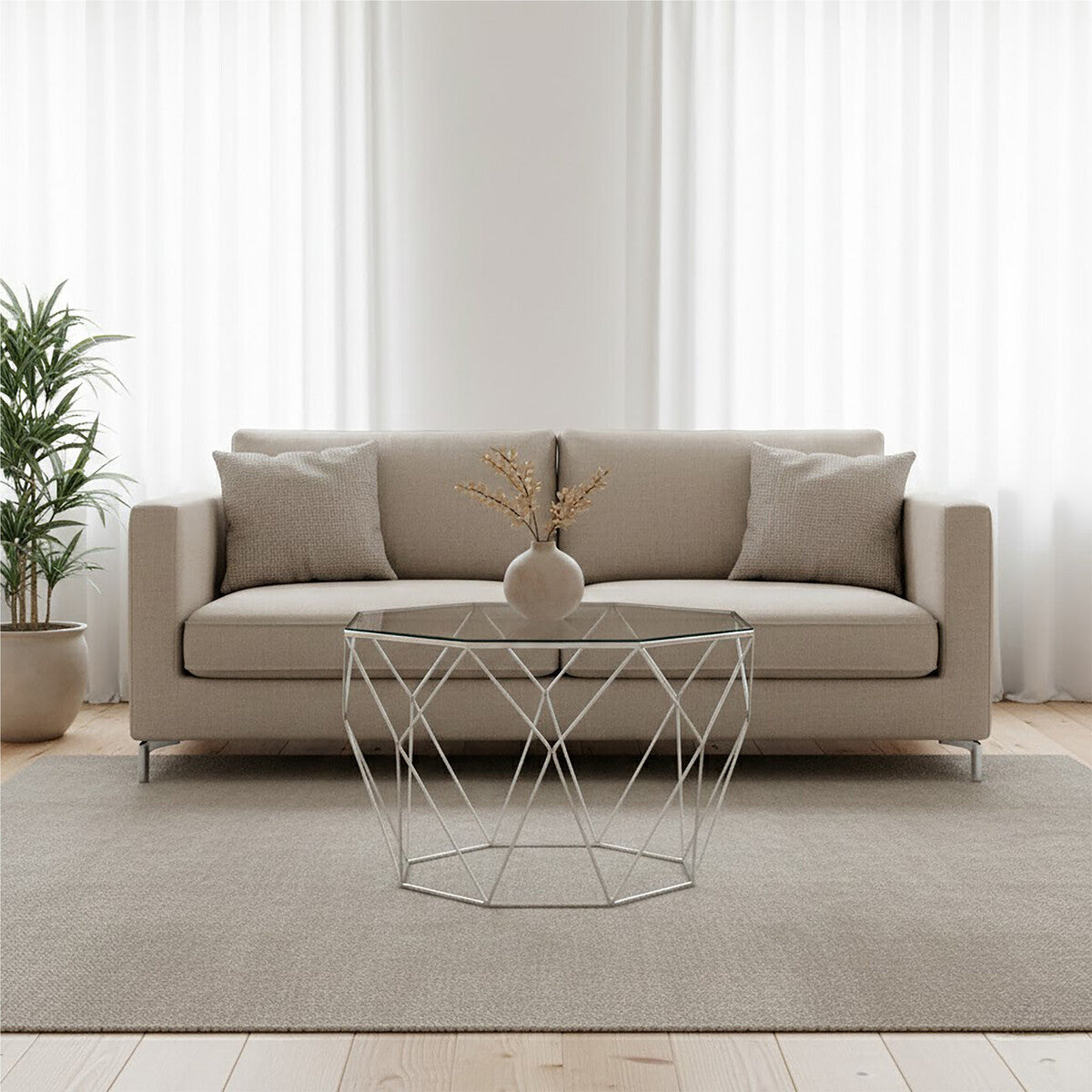 Tempered Glass Top Octagonal Coffee Table With Silver Metal Base, Shalimar