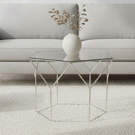 Pentagonal Silver Glass Top & Steel Base Coffee Table, Shalimar