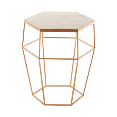 Hexagonal White Marble Top Side Table With Gold Iron Wireframe Base, Shalimar