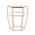 Hexagonal White Marble Top Side Table With Gold Iron Wireframe Base, Shalimar