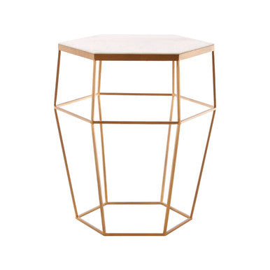 Hexagonal White Marble Top Side Table With Gold Iron Wireframe Base, Shalimar