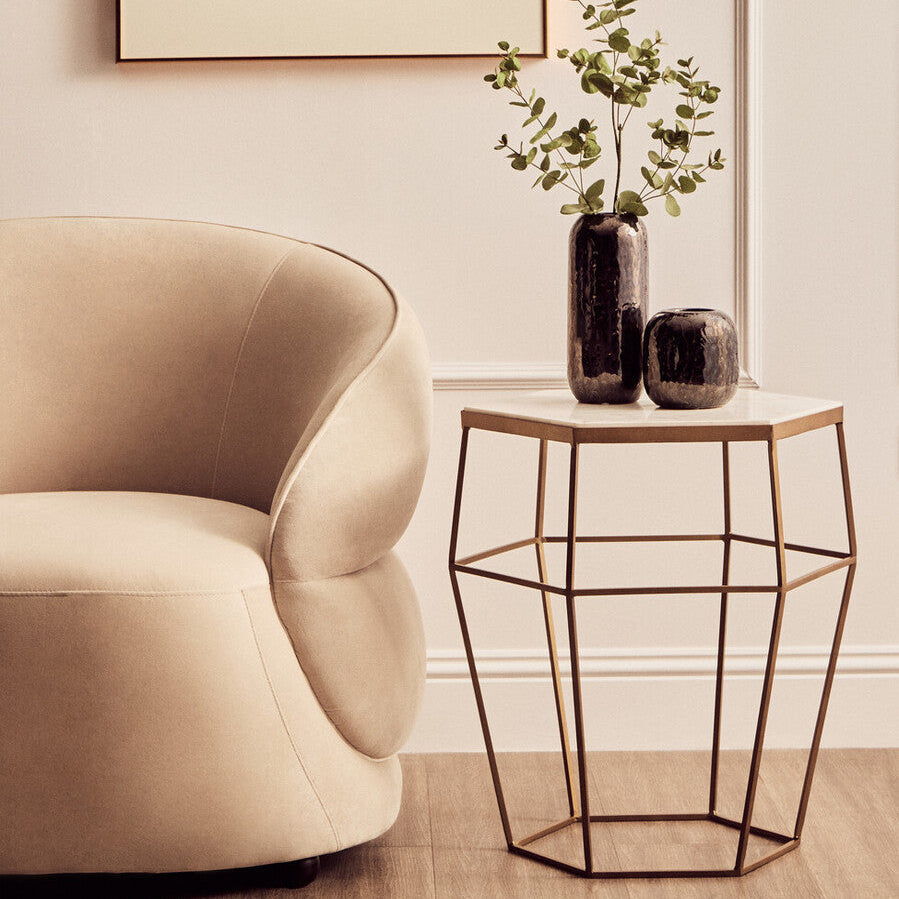 Hexagonal White Marble Top Side Table With Gold Iron Wireframe Base, Shalimar