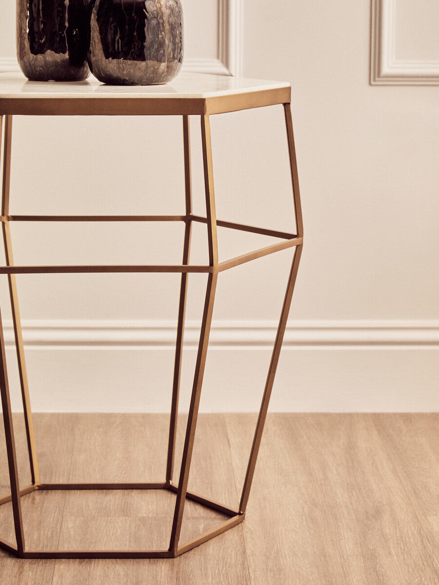 Hexagonal White Marble Top Side Table With Gold Iron Wireframe Base, Shalimar