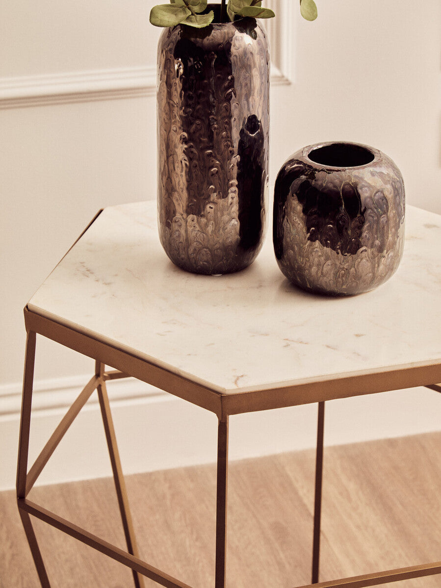 Hexagonal White Marble Top Side Table With Gold Iron Wireframe Base, Shalimar