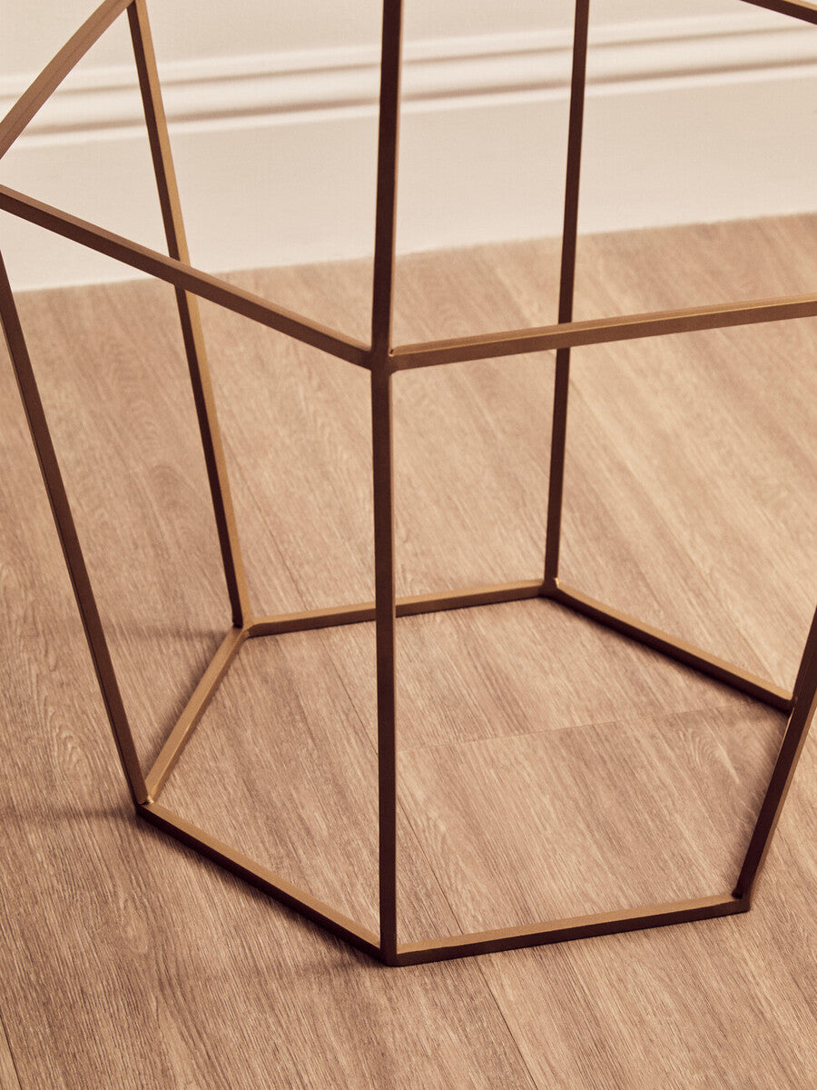 Hexagonal White Marble Top Side Table With Gold Iron Wireframe Base, Shalimar