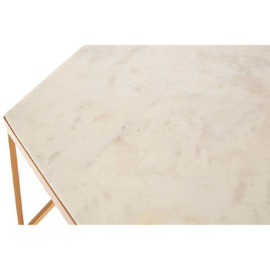 Hexagonal White Marble Top Side Table With Gold Iron Wireframe Base, Shalimar