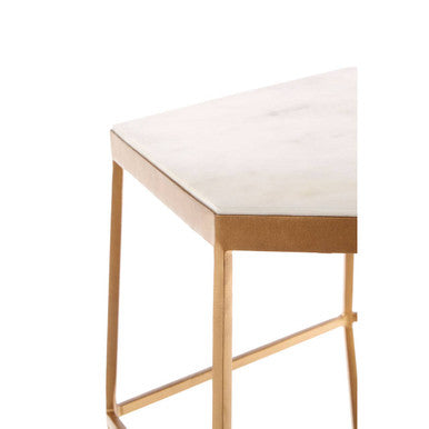 Hexagonal White Marble Top Side Table With Gold Iron Wireframe Base, Shalimar