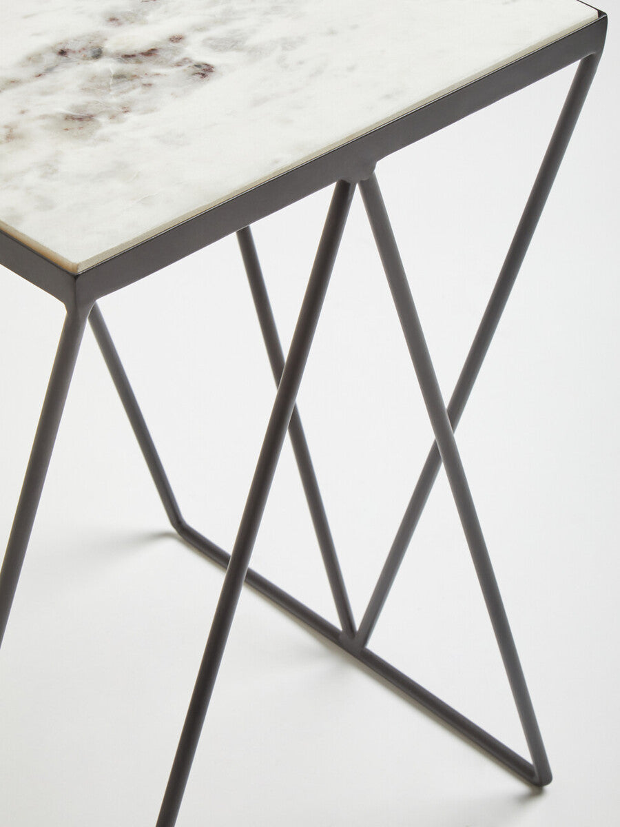 Natural Marble Top Side Table With Matte Black Iron Legs, Shalimar